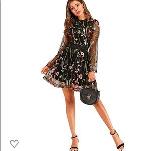 Women’s round neck floral embroidered mesh dress